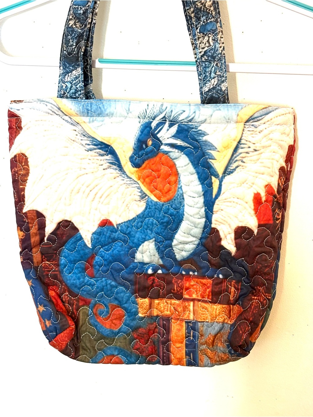 Quilted Dragon Print Tote Bag - Blue & Cream. NWT.